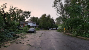 Residential road in Ottawa, Ontario, that has been hit by a tornado.