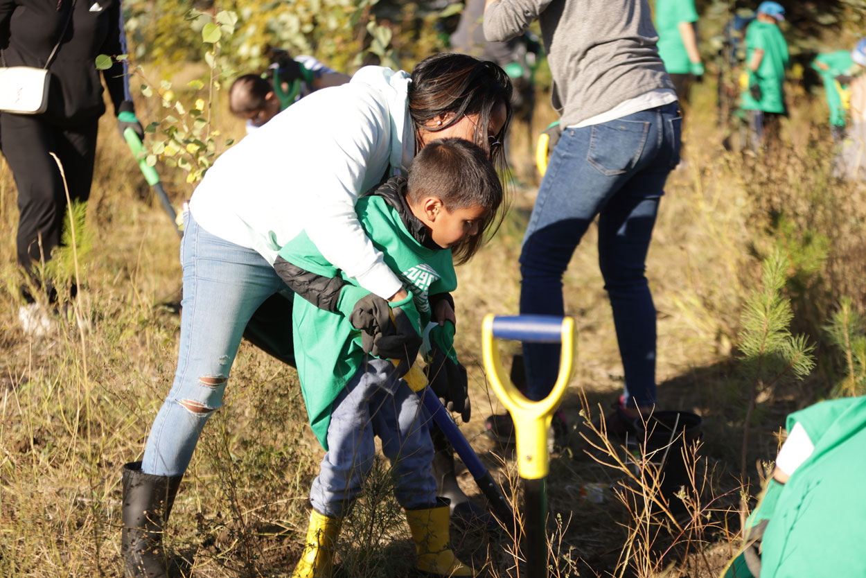 Young boy and mom planting a tree together.