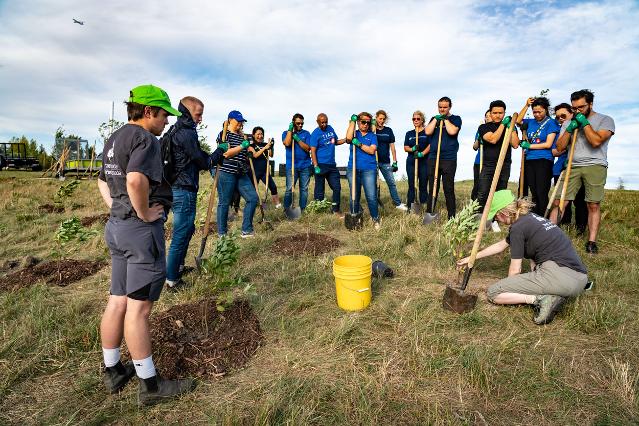 Volunteers watching a tree planting demonstration.