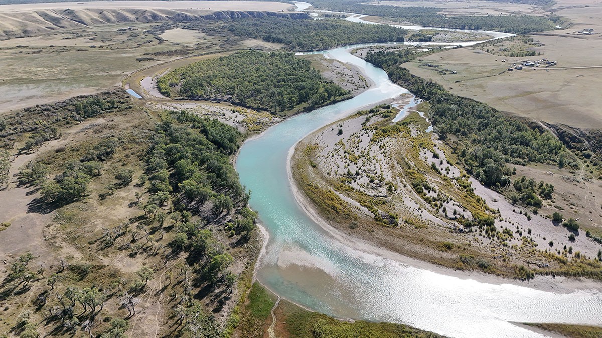 Piikani Nation Oldman River Watershed drone shot over river