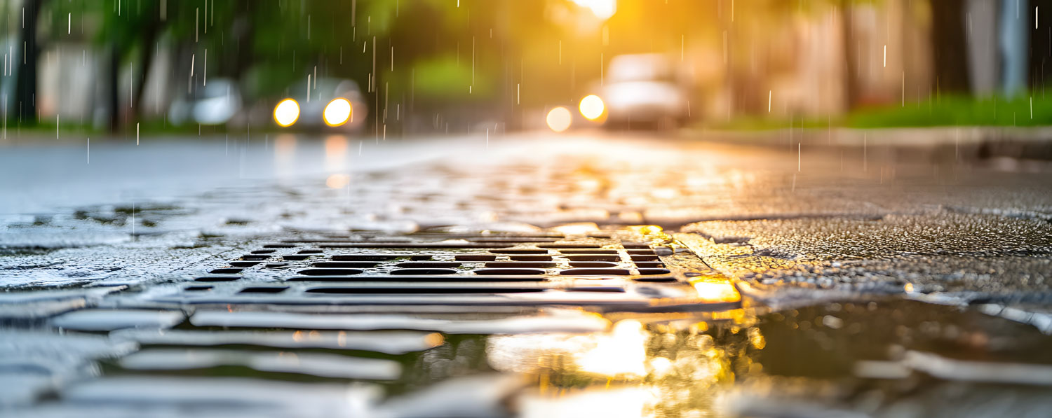 Close up of street grates while it rains with grass and cars in the blurred out background