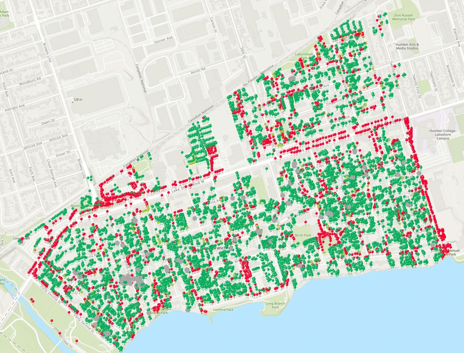 Map of Toronto showing a river to the left, lake Ontario below, and Humber College on the right. The city is dotted with green and red markers on the map.