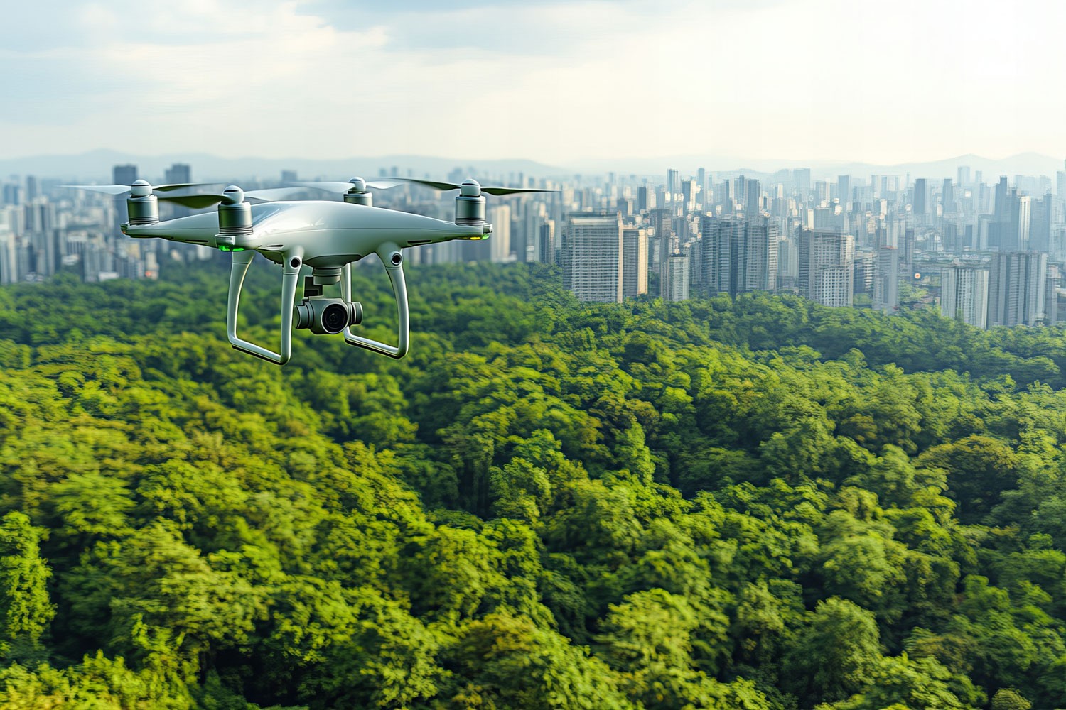 Drone flying over a lush green forest with a city skyline in the background