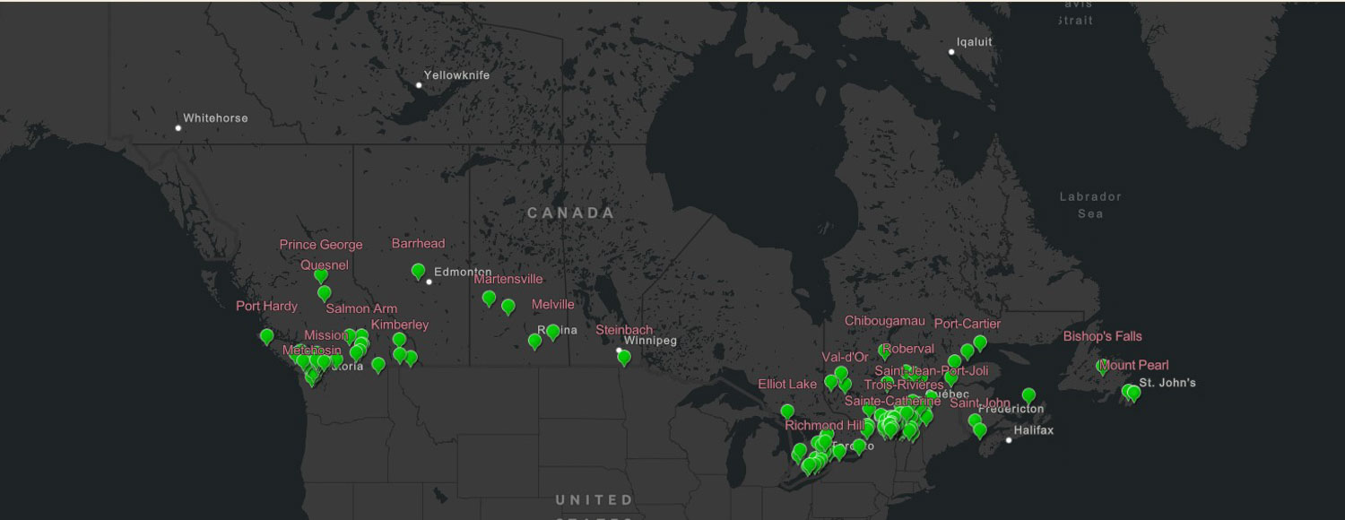 Map of Canada in dark colours with major cities shown across the country. Green markers highlight specific cities in each province.