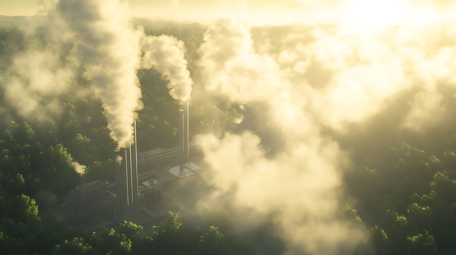 Aerial view of smoke rising from industrial chimneys amidst trees